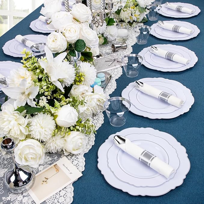 Liacere 175pcs Silver Plastic Plates - White and Silver Disposable - 25guest Baroque Plastic Dinnerware include 50Plates, 25Pack Pre Rolled Napkins with Silverware 25Cups for Christmas ＆ New Year