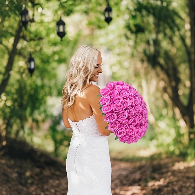 50 PCS Roses Artificial Flowers, Fake Roses with Stem Realistic Hot Pink Silk Rose for DIY Wedding Bouquets Table Centerpieces Arrangements Baby Shower Birthday Home Decor Valentine's Day Gift for Her