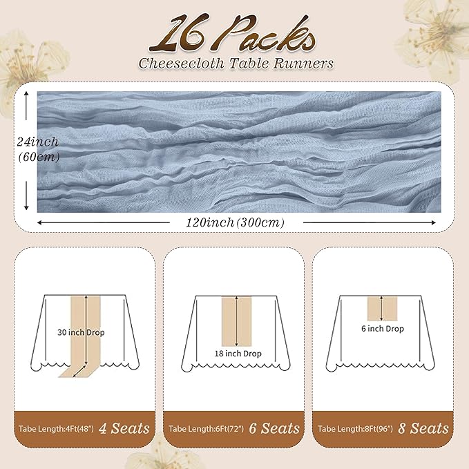16 Pack 10Ft Cheesecloth Table Runners – Boho Gauze Vintage Table Decor, 120 Inch Long Rustic Cheese Cloth Runner for Wedding, Bridal Shower, Birthday, Romantic Party (Dusty Blue, 24" x 120"-16Packs)