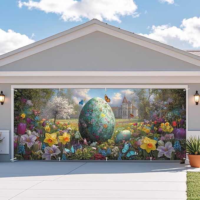 Floral Easter Egg Garden Garage Door Banner 7x16FT, Colorful Eggs & Spring Flowers Garage Door Cover, Outdoor Decoration for Easter & Spring