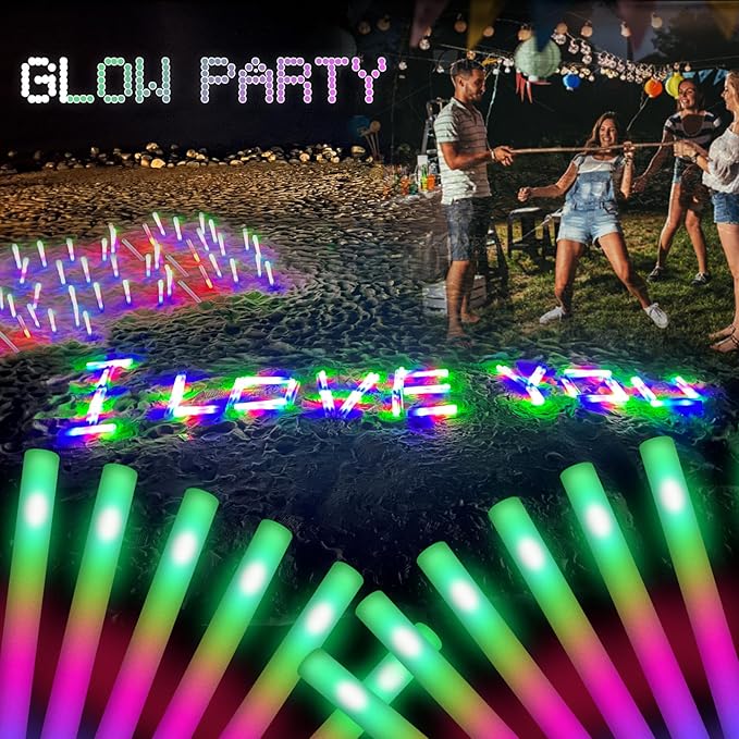 100 Pcs18.5inch Foam Glow Sticks Bulk - 3 Modes Colorful Flashing Led Foam Sticks Glow in The Dark Party Supplies for Christmas Birthday Wedding Party Camping Events Carnival Concert Rave