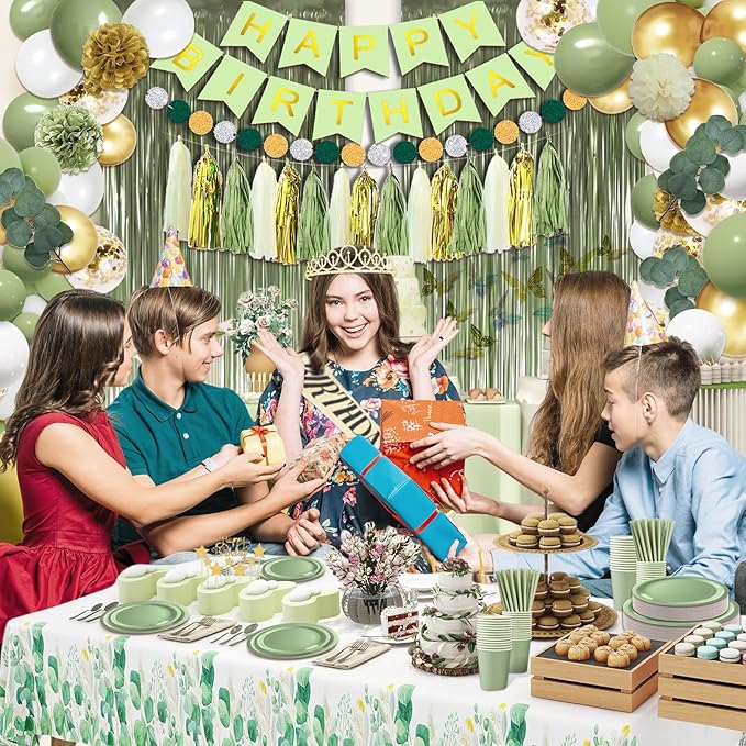 287 Pcs Birthday Decorations for Women, Sage Green Happy Birthday Decor Supplies - Banner, Balloon, Tiara, Sash, Tableware with Sage Green for 50 Guests