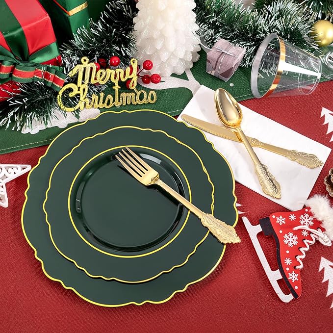 Liacere 175PCS Green Plastic Plates - Christmas Green Disposable With Gold Rim - 25Guest Baroque Plastic Dinnerware include 50Plates-25Pcs Pre Rolled Napkins with Silverware 25Cups for Christmas Day