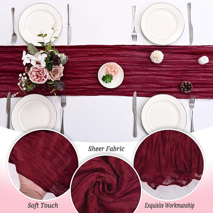 24 Pack Burgundy Cheesecloth Table Runner 120 inch Fall Thanksgiving Boho Rustic Gauze Farmhouse 10FT Cheese Cloth Runner for Baby Shower Wedding Party Holiday Home Decor
