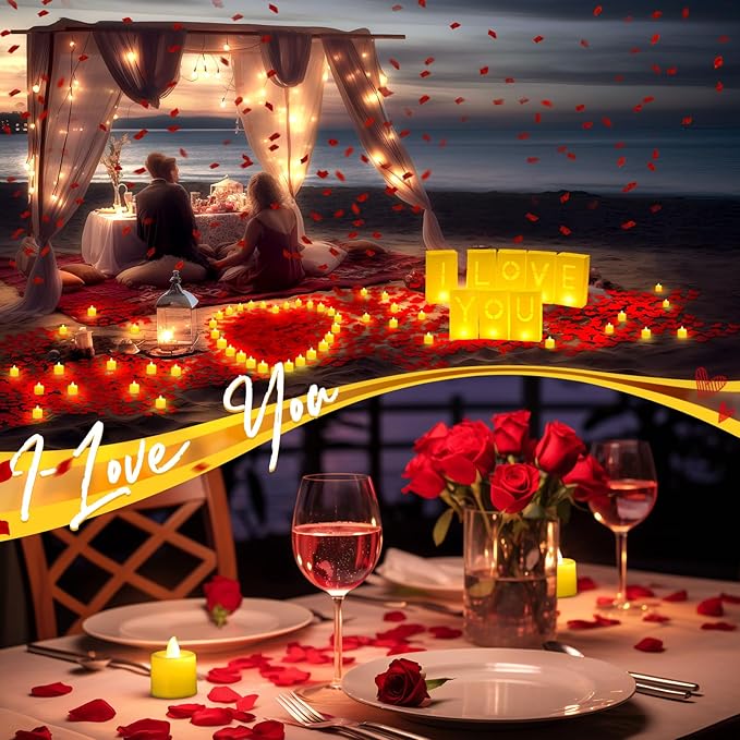 6080 Pcs I Love You Light up Letters with LED Flameless Tealight Candle Red Rose Petal Letter Luminary Paper Bag for Valentine's Day Decorations Anniversary Proposal Romantic Special Night Decor