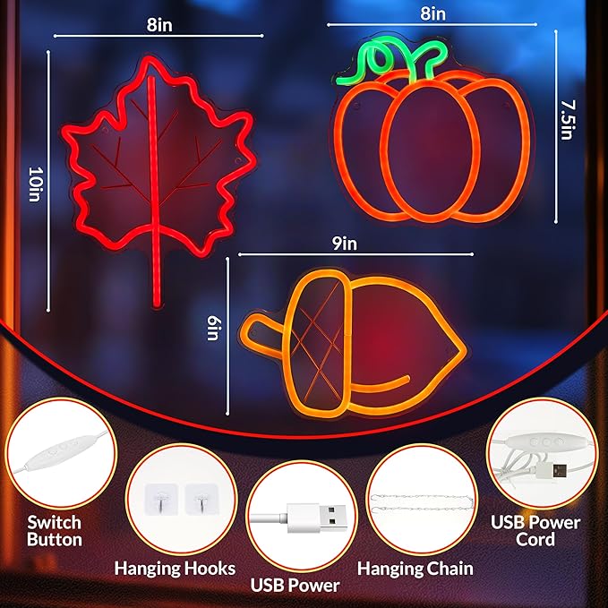 Hanna Roberts 3 PcsThanksgiving Neon Sign, Pumpkin Maple Leaf Acorn Neon LED Lights, USB Powered window lights for Halloween Thanksgiving Party, 3D Wall Art Signs for Home Bedroom Living Room