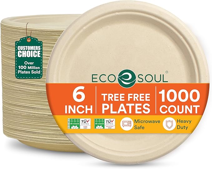 ECO SOUL 6 Inch Compostable Disposable Paper Plates [1000 Pack] Food Safe 100% Virgin Bagasse Pulp Heavy Duty Biodegradable Microwave Safe Small Round Dessert Plate for Party, Picnic & BBQ (Brown)