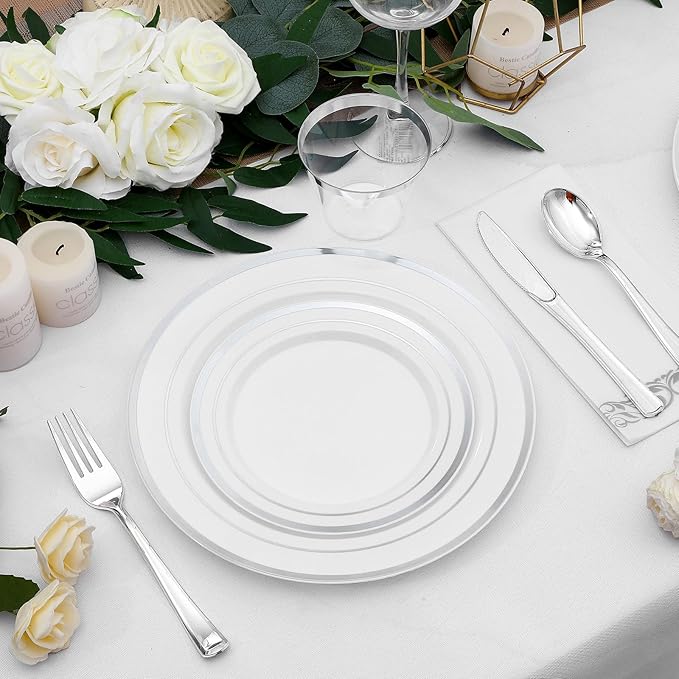 350-Piece Silver Rim Plastic Dinnerware Set for 50 Guests, Elegant Disposable Dinnerware for Party, Wedding. Includes Dinner Plates, Dessert Plates, Silverware, Napkins, Cups