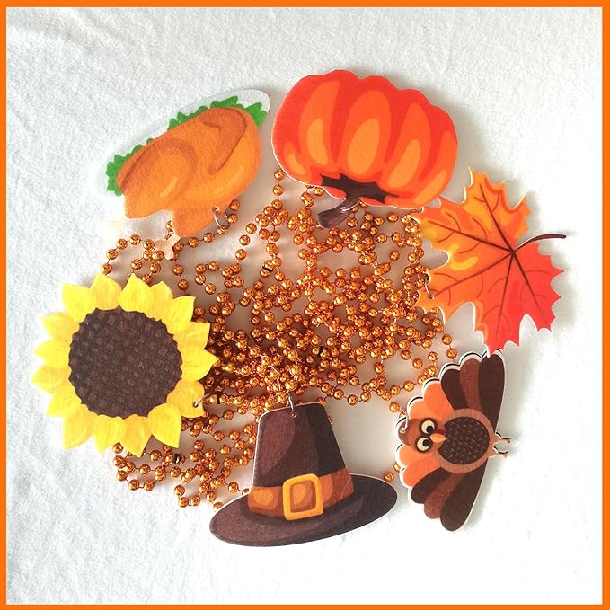 100 Pcs Thanksgiving Beads Necklaces, Orange Brown Bead Necklaces With Maple Leaf Pumpkin Turkey Pendants For Thanksgiving Patry Favors, Fall Decoration