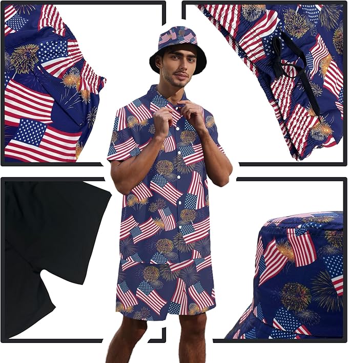 Men's Hawaiian Shirt and Shorts Set 2 Piece Beach Outfits with Bucket Hats for Beach Days and Summer Vibes