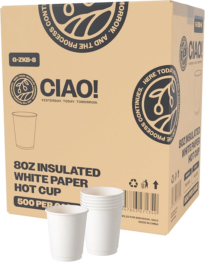 CIAO! 8 oz Insulated Double Wall White Paper Hot Cup, 80mm Diameter, 500 Count
