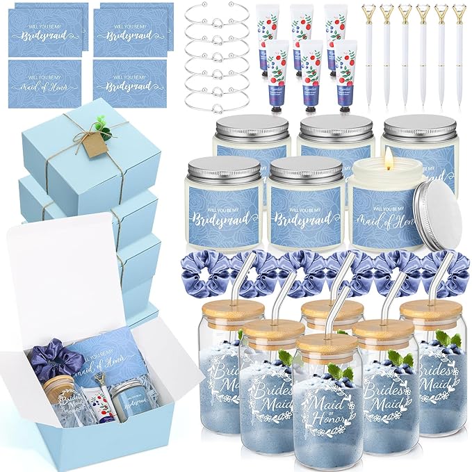 60 Pcs Bridesmaid Proposal Gifts Bridesmaid Box Set, Maid of Honor Gifts Include Box Glass Cup Candle Cards Scrunchies Hair Knotted Bracelets Hand Cream Diamond Pens(Blue)