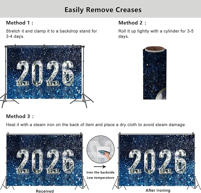 YongFoto 2026 Happy New Year Backdrop 12x10ft Diamond Sparkle Blue Photography Background Christmas Night Festival Carnival Celebration Party Banquet Decor Banner Photoshoot Wallpaper Photo Booth