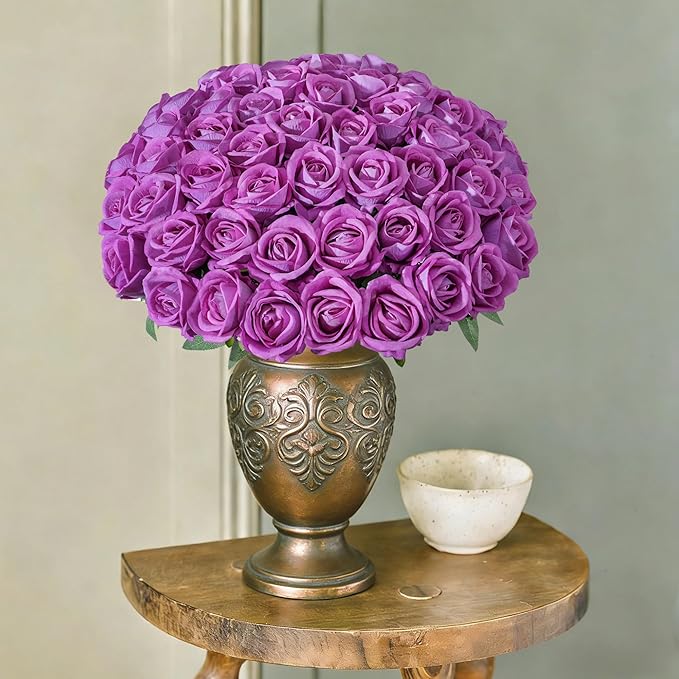 50 PCS Roses Artificial Flowers, Fake Roses with Stem Realistic Fuchsia Silk Roses for DIY Wedding Bouquets Table Centerpieces Arrangements Baby Shower Birthday Home Decor Valentine's Day Gift for Her