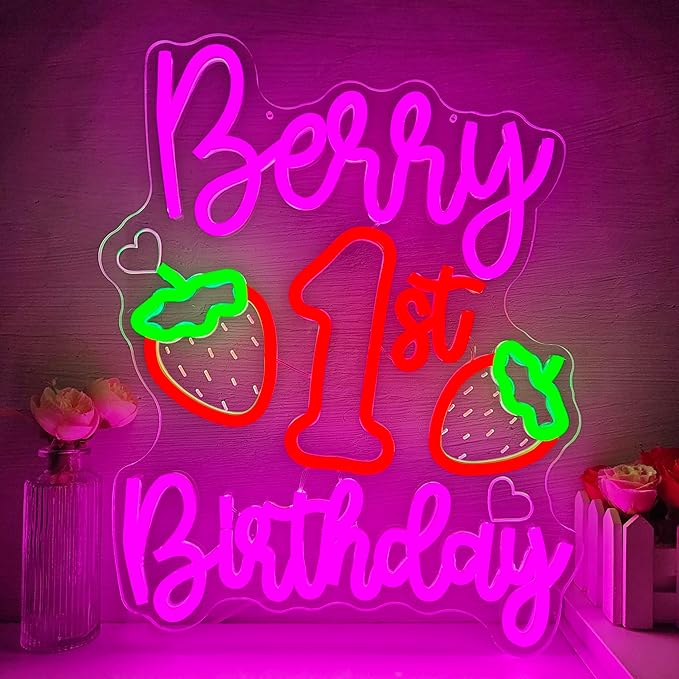Berry First Birthday Neon Sign Strawberry 1st Birthday Neon Lights Dimmable Strawberry Theme Led Sign Backdrop Berry Sweet One Birth Party Decorations