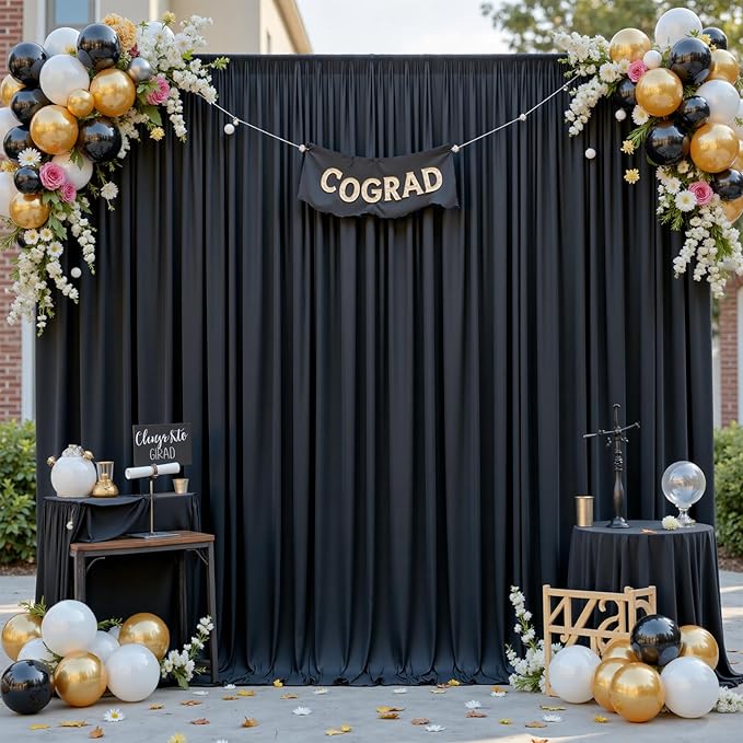 gogoparti 20x12ft Black Backdrop Curtain for Wedding Parties, 4 Panels (5x12 ft Each) Wrinkle-Free Dackdrop Curtains, Silky Draping Fabric for Birthday Party, Baby Shower, Photo Background