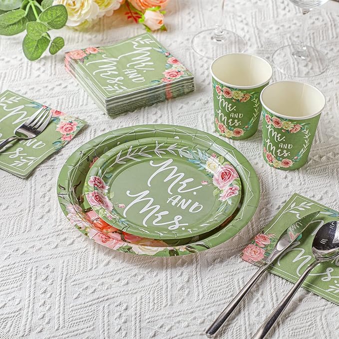Zhehao 250 Pcs Mr. and Mrs. Bridal Shower Plates Napkins Sets 50 Pcs 9'' Dinner Plates and 7'' Dessert Plate and 9oz Cups 100 Napkins Serves 50 Party Supplies Bridal Shower Engagement Decoration