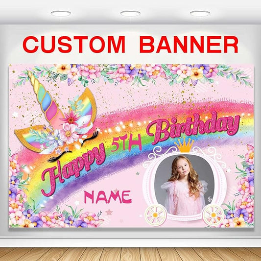 Custom Unicorn Rainbow Happy Birthday Party Decorations Supplies Personalized Unicorn Rainbow Birthday Backdrop Banner(5x7.5ft)