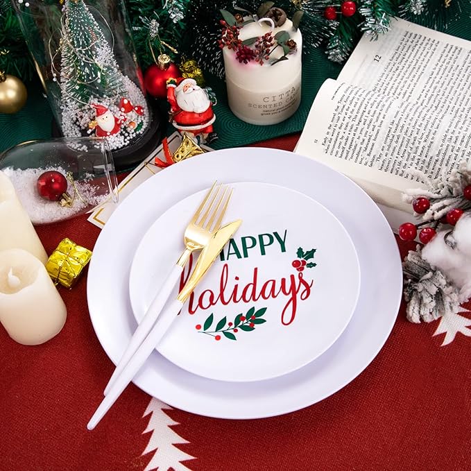 Supernal 150pcs Christmas Plastic Plates Disposable Holiday Plates,Christmas Dinnerware with Xmas Plate,White and Gold Plastic Silverware, Disposable Party Plate with "Happy Holiday"
