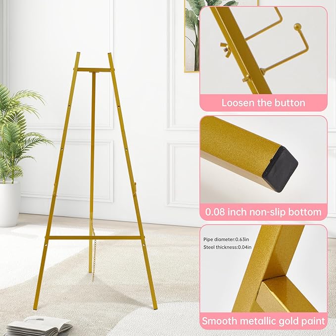 Gold Easel Stand for Sign–Adjustable Floor Heavy Duty Metal Display Easel for Wedding Signs, Art, Posters, Pictures Welcome Signs 4-Tier Height Commercial Display Easel for Parties & Galleries