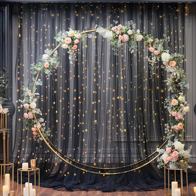 30x10ft Black Tulle Backdrop Curtain with Lights String for Parites, Sheer Photo Backdrop Curtains with Lights for Wedding Backdrop Ceremony Reception Bridal Shower Baby Shower Birthday Party