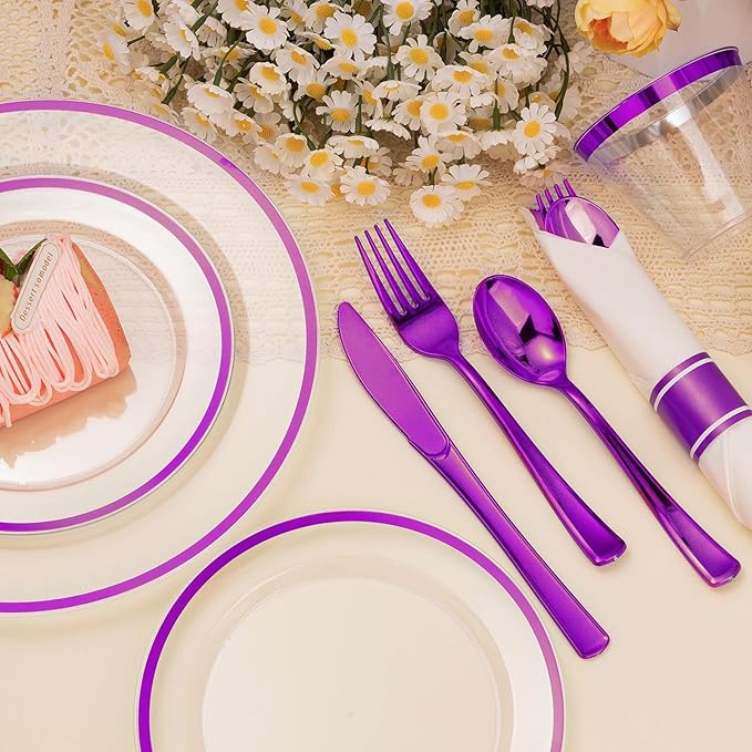 BESTSTAR 350PCS Clear and Purple Disposable Plates Set for 50 Guests, 100 Plastic Plates, 50 Plastic Cups, 50 Pre-Rolled Napkins with Cutlery for Party, Birthday, Wedding, Thanksgiving, Christmas