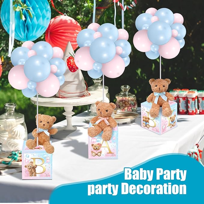 Lenwen 6 Sets Baby Letter Boxes Decorations Table Centerpieces for Baby Shower Gender Reveal,Bear Stuffed Animals Balloon with Stand Plush Toy Boxes for Birthday Party Wedding(Bear,Pink Blue)