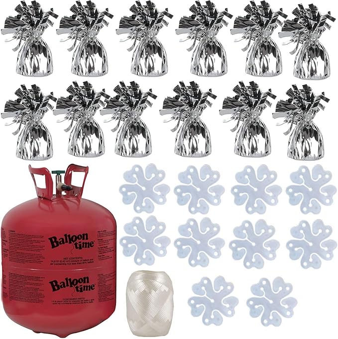 Balloon Time Disposable Helium Tank 14.9 cu.ft - 12 Silver Balloon Weights + Curling Ribbon and Flower Clips
