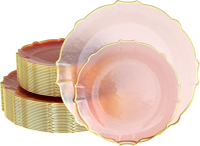 Exquisite Fancy Plastic Plates - Disposable Party Set, 80 Piece, 40X7.5 Dessert & 40X10 Thin Delicate Pink Rose Gold Rimmed