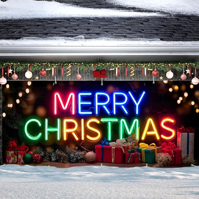 Colorful Neon Merry Christmas Garage Door Banner 7x16FT, Bright Holiday Sign for Xmas, Outdoor Decoration for Garage Doors, Large Garage Cover for Christma