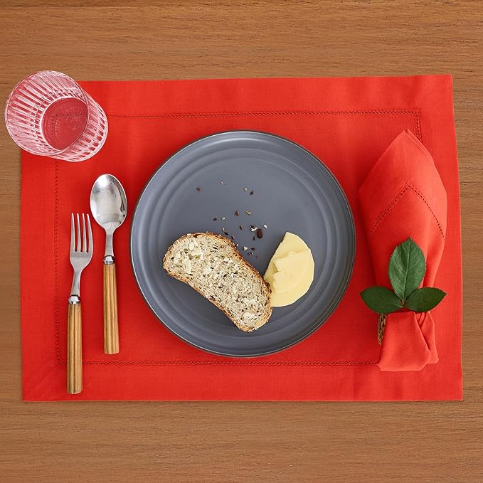 Solino Home Cotton Linen Placemats Set of 4 - Hemstitch Poppy Red Placemats 14 x 19 Inch - Machine Washable Table Mats for Valentines