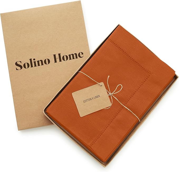 Solino Home Cinnamon Cotton Linen Napkins Set of 4 - Hemstitch Dinner Napkins 20 x 20 Inch - Handcrafted and Machine Washable