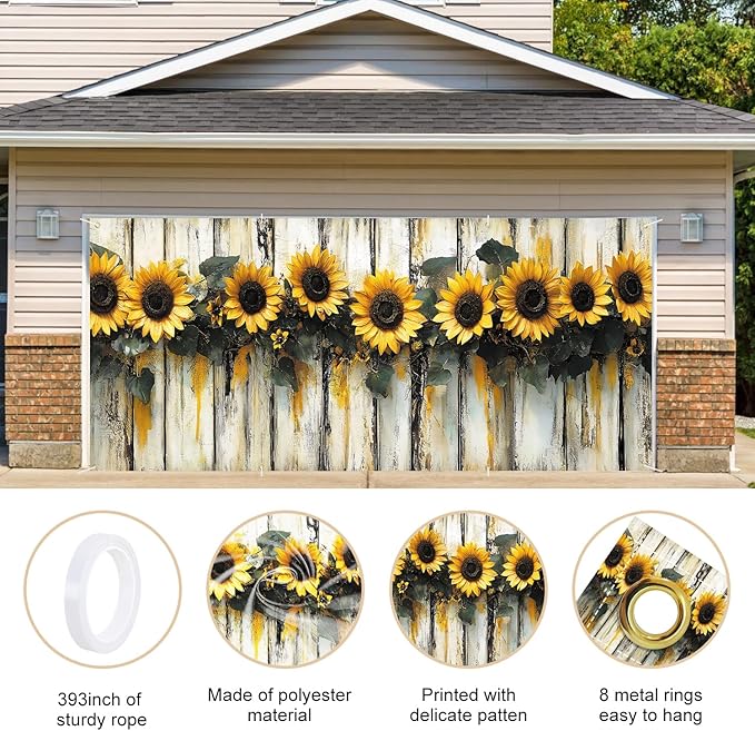 ANNA QUEEN Sunflower Garland Garage Door Banner 6 x 13FT, Rustic Sunflowers with Wooden Fence, Outdoor Spring and Summer Decoration for Garden Parties Home Decor