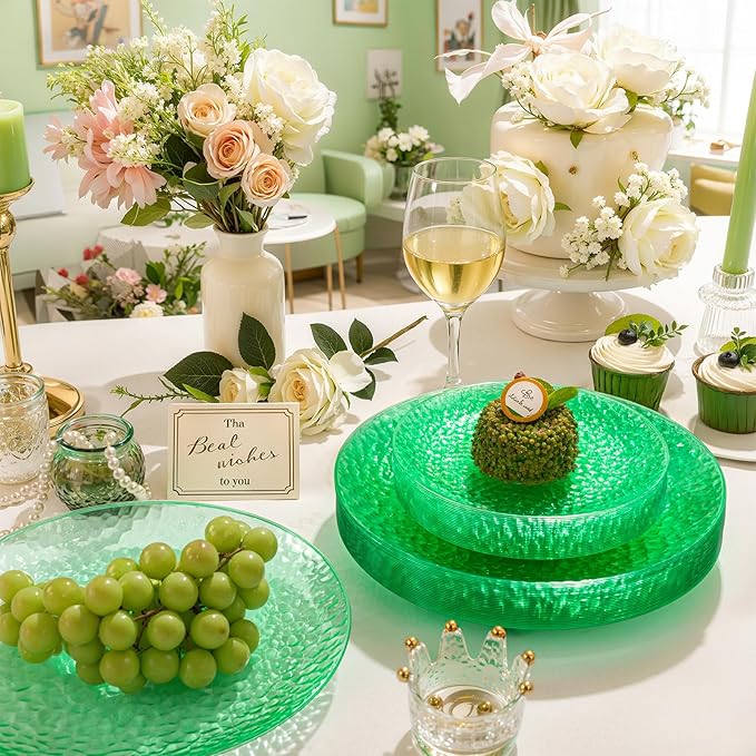 Rubtlamp 60Pcs Green Plastic Plates, Heavy Duty Disposable Plates With Hammered Design, Green Party Disposable Plate Include 30 Dinner Plate, 30 Salad Platos, Fancy Plastic Platos