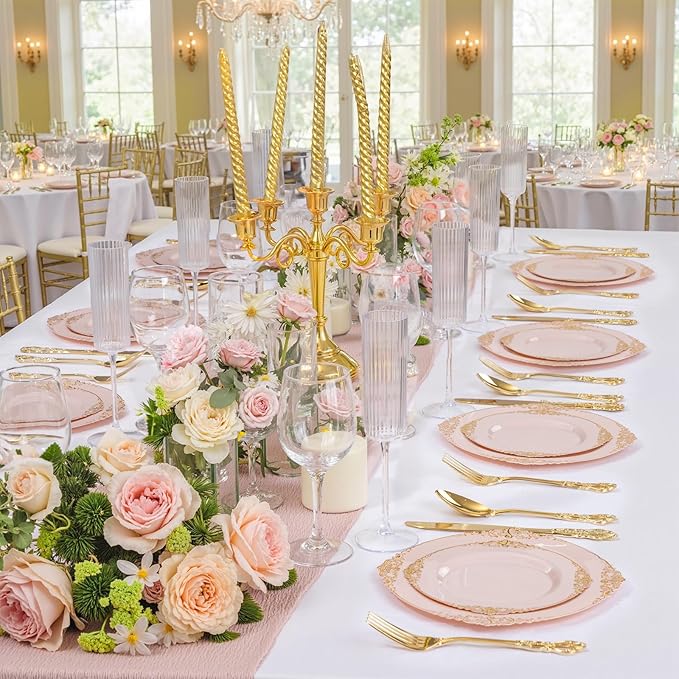 200PCS Pink and Gold Plates - Pink Plastic Plates - Fancy Disposable Plate with Gold Rim - Vintage Wedding Dinner & Dessert Plate for 100 Guests for Wedding & Valentine's Day & Bridal Shower