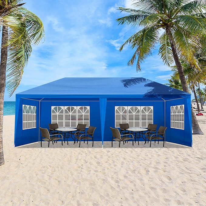 Party Tent for Outdoor Wedding, Birthday, Event, Patio Gazebo, Carport Canopy Shade With Removable Sidewalls & Transparent Window (10'x20'/6 Sidewalls Blue)
