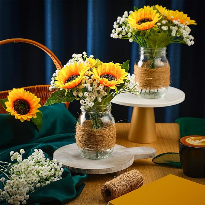 43 Pcs/ 6 Set Sunflower Mason Jar Table Centerpiece Mason Jar Vases Faux Floral with Rope Boho Rustic Flower Table Decoration for Reception Engagement Party Bridal Shower Wedding
