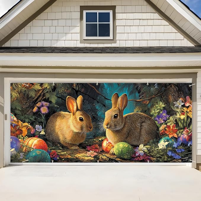 Easter Bunnies and Eggs Garage Door Banner 7x16FT, Cute Bunnies and Colorful Eggs Outdoor Spring Holiday Decoration for Yard and Garage
