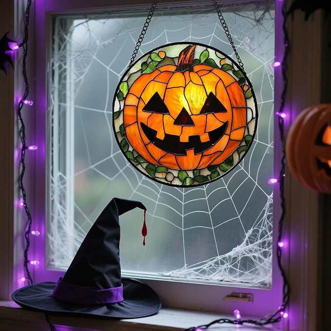 Stained Glass Window Hanging, Halloween Decorations Evil Pumpkin Suncatcher for Doors Garden Indoor Spooky Funny Orange Sun Catchers Gothic Decor Horror Gifts for Women Men Friend 11.8 in
