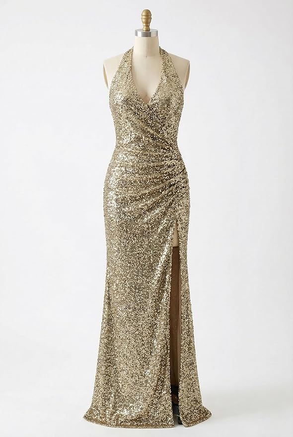 Halter Sequin Prom Dress for Women 2026 Pleats Formal Evening Dress with Slit L01032