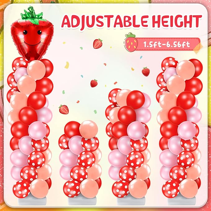 Kasyat 2 Set Strawberry Party Balloon Column Stand Kit Strawberry Red and Pink Foil Balloons Arch Garland Kit for Berry Sweet First Theme Baby Shower Birthday Party Decorations