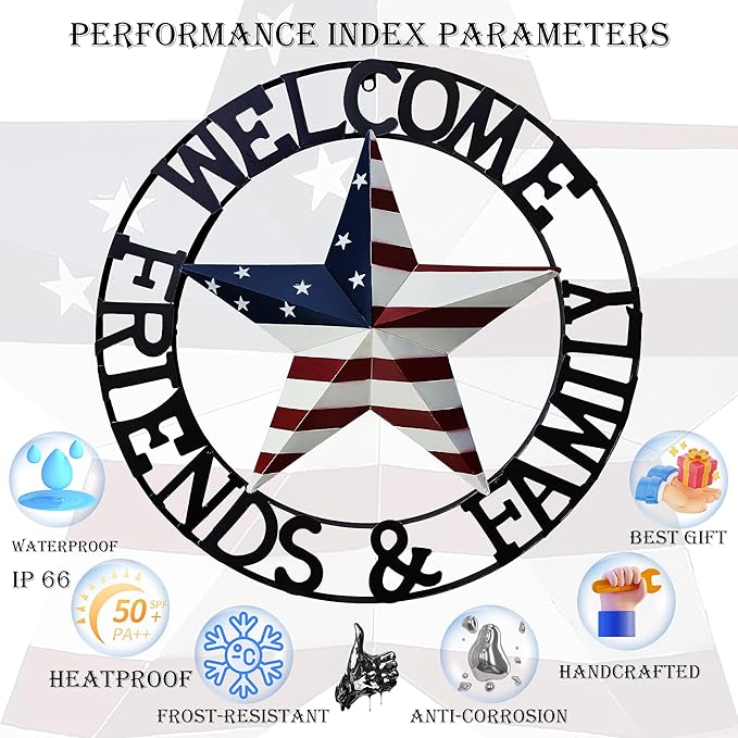 JoyEvy 22" Patriotic Metal Barn Star Welcome Sign Wall Sculptures, American Flag Design Outside Wall Decor,Metal Star for Indoor or Outdoor ,Texas Stars for Western Country Farmhouse Primitive House Decoration