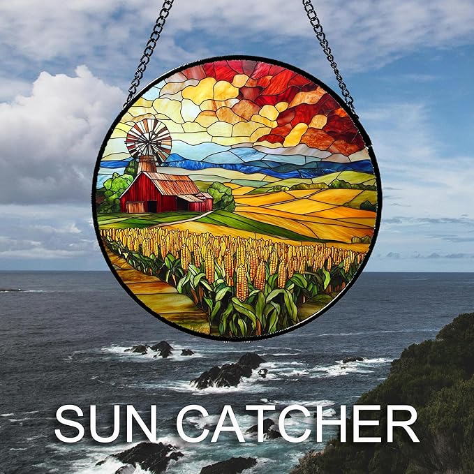 Stained Glass Window Hanging Autumn Farm Corn Harvest Landscape Large 11.8" - Suncatcher Garden Door Sun Catcher Home Decor Birthday Christmas for Woman Mom Friend Men Nana