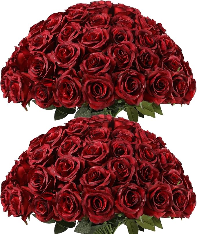 Kisflower 80 Pcs Burgundy Roses Artificial Flowers Bulk, Maroon Flowers Artificial Silk Roses with Stems for Decoration DIY Wedding Bouquet Bridal Shower Party Home Table Centerpieces Decor (Burgundy)
