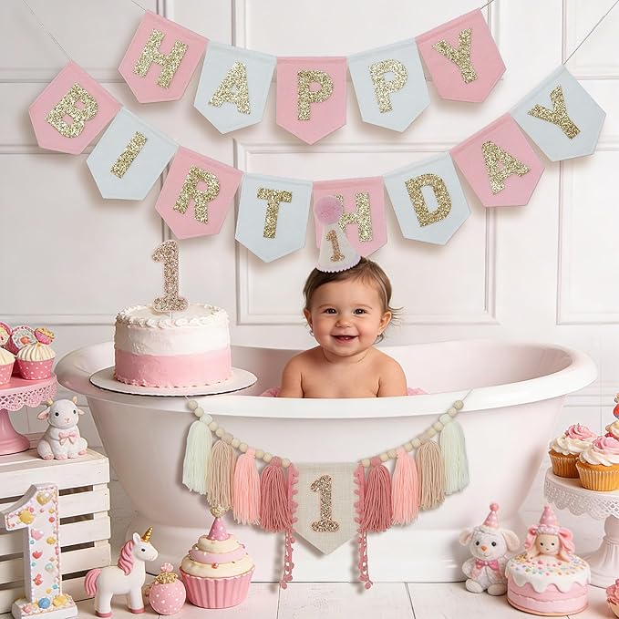 Pink Felt Happy Birthday High Chair Banner Pre-Strung Birthday Hanging Decoration For Baby Girl 1st Birthday Party Decorations