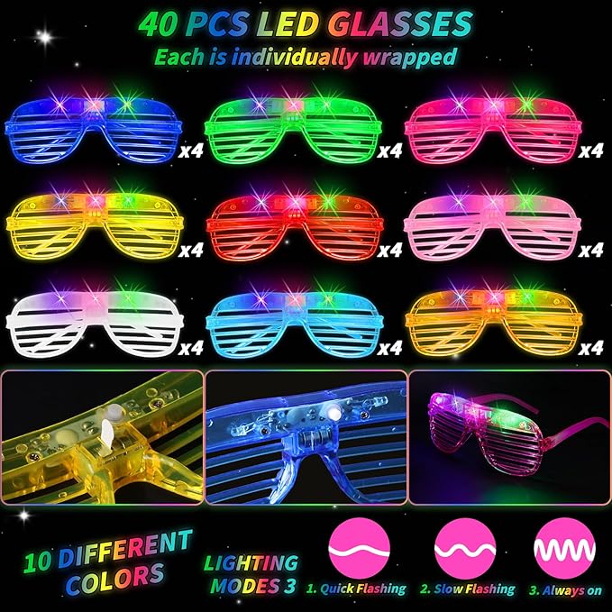76 Pcs Glow Light Up Pop Tubes &LED Glasses Sticks Party Favors, Glow Bracelets Necklaces Camping Toys, Rave Neon Flashing Glasses for Birthday Return Gift Goodie Bag Christmas Stuffer School Prizes