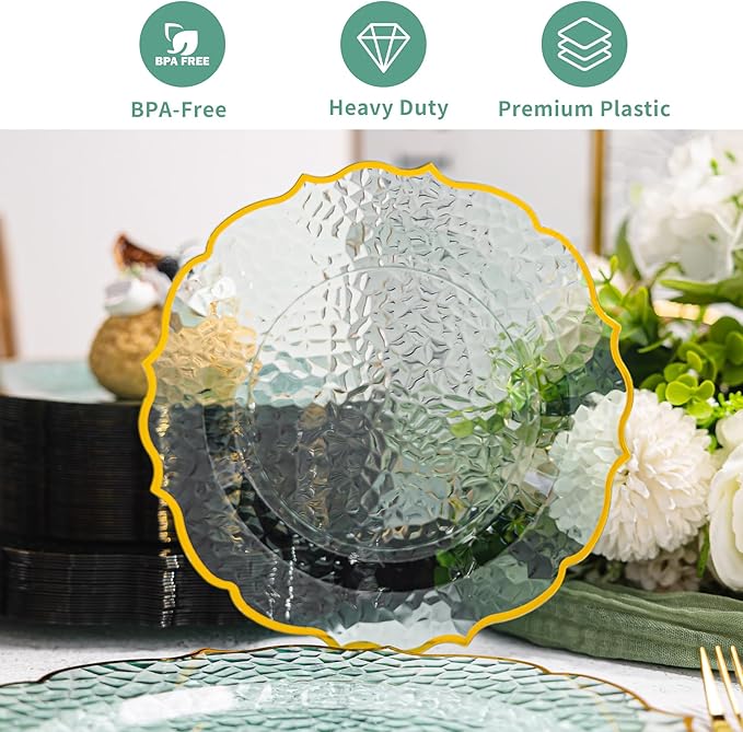 100 PCS Green Stone Texture Plastic Plates, Disposable Plates with Gold Rim, Heavy-duty Clear Plastic Plate Include 10" Dinner and 7" Salad Plate for Party and Wedding