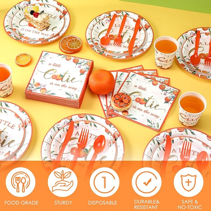 Dandat 350 Pcs Baby Shower Plates Set Baby Shower Party Supplies Serves 50 Tableware Sets Include Plates Napkin Cup Forks Knives Spoons Disposable Dinnerware(Little Cutie,Orange)
