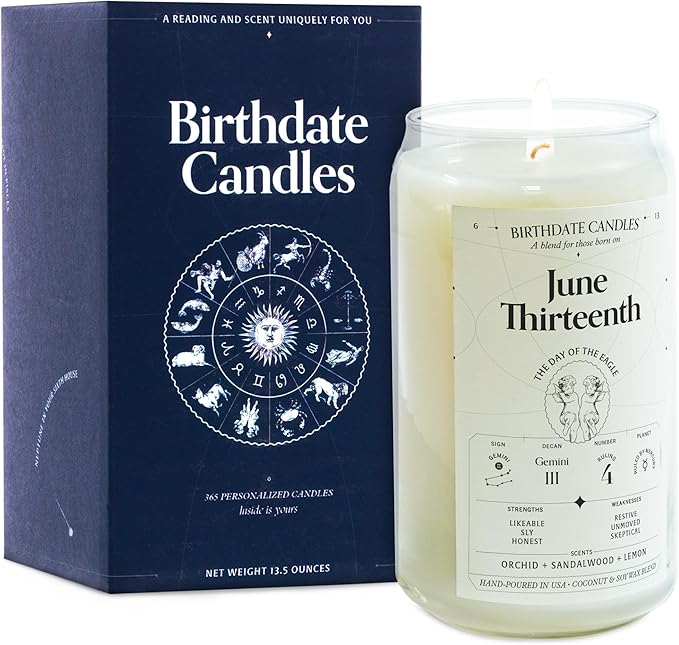 Birthdate Candles, June 13 - Gemini Zodiac Scented Candles Birthday Gift - Orchid, Sandalwood & Lemon Scent - All-Natural Soy & Coconut Wax, 60-80 Hour Burn Time - Made in USA