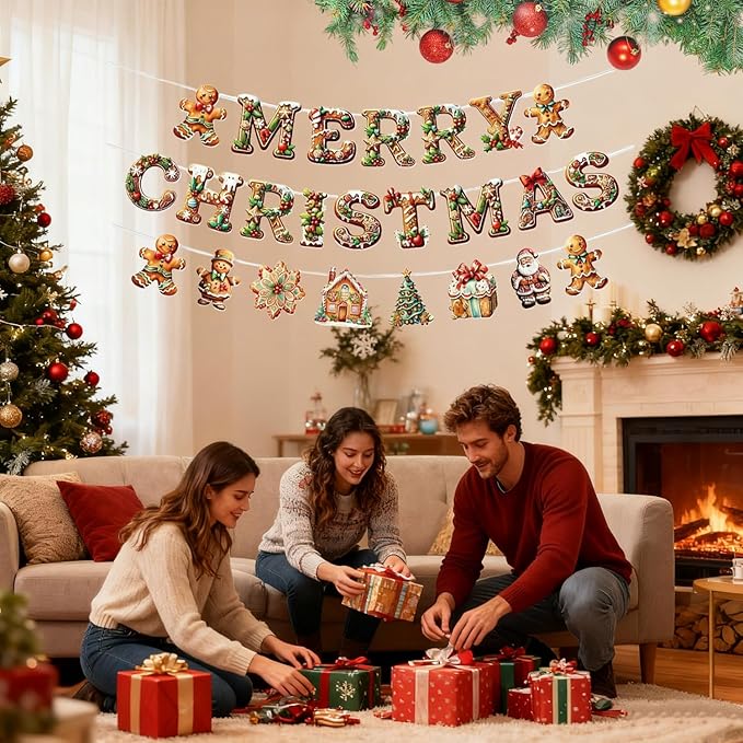 YUNZLAN 12 Pcs Gingerbread Christmas Banner, Merry Christmas Banner Hanging Decor for Home, Door, Garden for Xmas and Winter Holiday Party Decorations Favors Supplies (12)